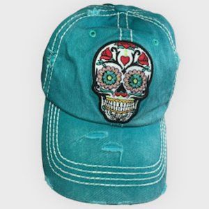 Women's Vintage Kbethos Hat Sugar Skull Monogram Patch Baseball Cap, Turquoise